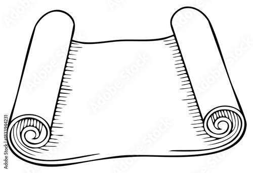 Classic black and white line art of a blank ancient parchment scroll