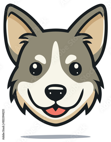 Friendly Cartoon Dog Face: Husky, Collie, or Shepherd Dog Breed with Happy Expression