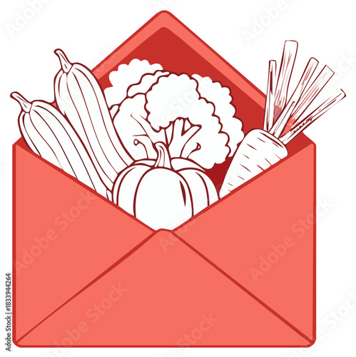Envelope overflowing with fresh vegetables like carrots and squash illustration
