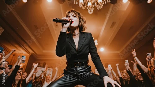 Energetic live performance with a dynamic singer at center stage as fans cheer under stage lights!!