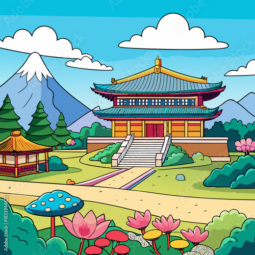 Japanese temple in a colorful landscape