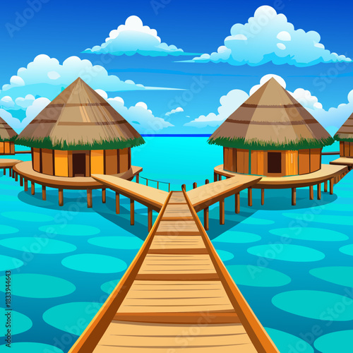 Overwater bungalows on turquoise ocean
