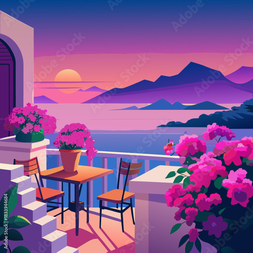 Balcony sunset view with pink flowers
