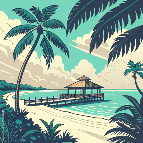 Tropical pier with palm trees