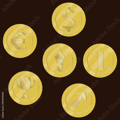 Set, Gold coins, medals, medallions, euro, dollar sign, cup, prize, award, torch, arrow, gold metal, precious metal
