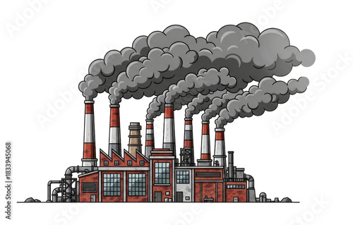 An industrial factory building with smoking chimneys cartoon illustration isolated cutout transparent png