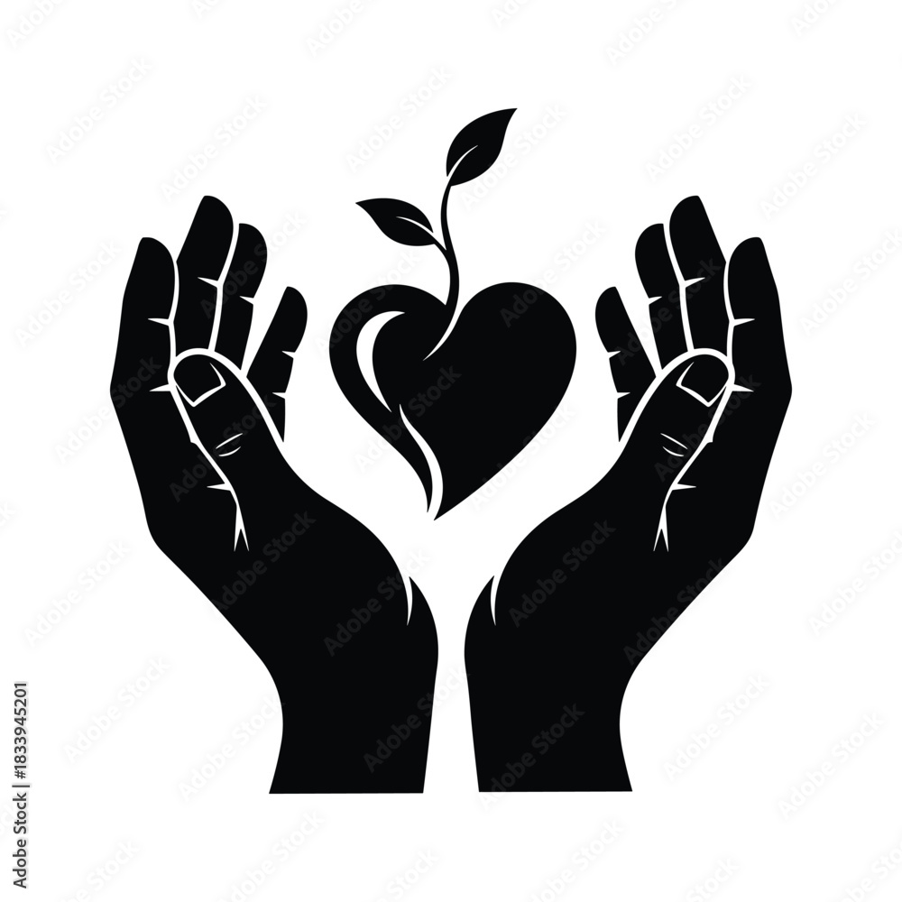 Fototapeta premium Hands holding a heart with a plant growing from it isolated on