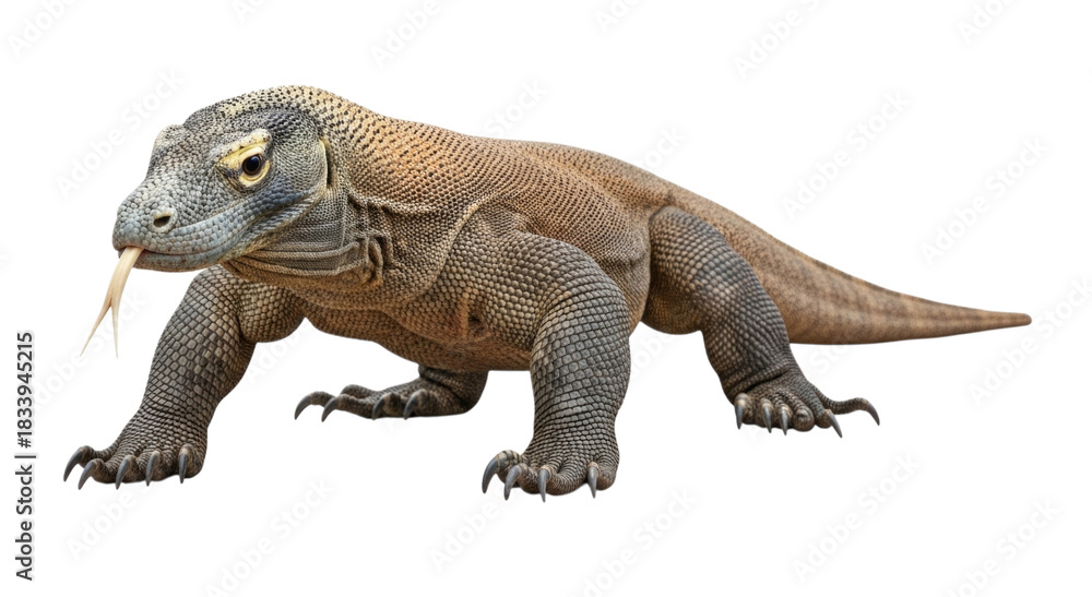 Obraz premium A Komodo dragon reptile with tongue out isolated on white background cutout transparent png