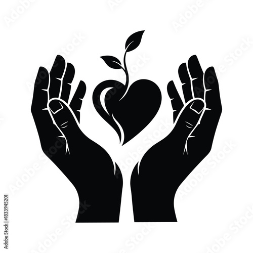 Hands holding a heart with a plant growing from it isolated on