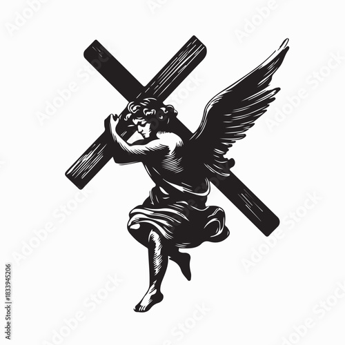 Little Angel Holding Wooden Cross Vector Design on White Background