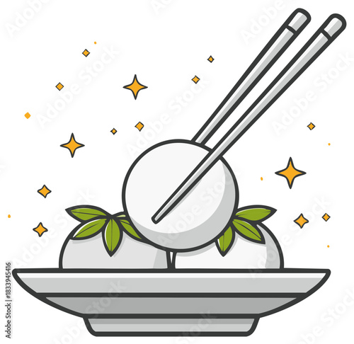 Sparkling cartoon illustration of traditional Asian rice balls being eaten with chopsticks on a plate.