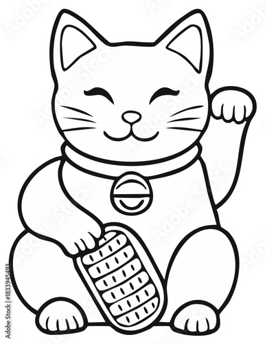 Maneki Neko lucky cat illustration with raised paw and koban coin outline
