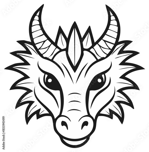 Stylized Dragon Head Illustration with Horns and Scales Black and White