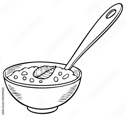 Hand drawn black and white illustration of a bowl of hot soup or porridge with a spoon and a leaf garnish