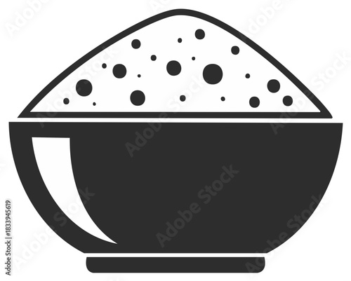 Glyph icon of a full bowl with flour, sugar, or other food powder. Simple black and white vector illustration.