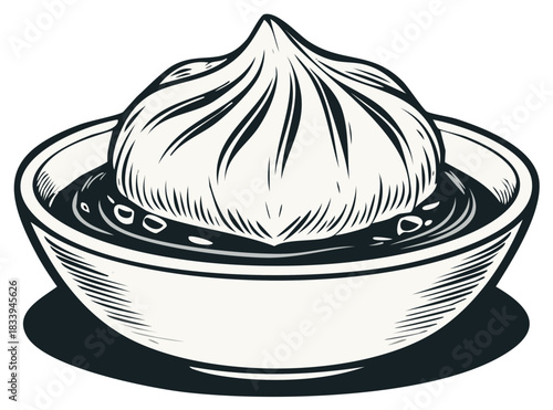 Dumpling in Bowl with Broth Monochrome Illustration Asian Cuisine Icon