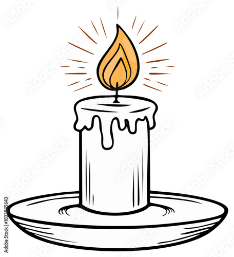Cartoon illustration of a lit candle, flame, and candle holder