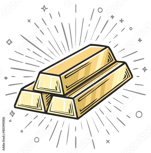 Hand drawn stack of shining gold bars in a cartoon comic book style vector illustration