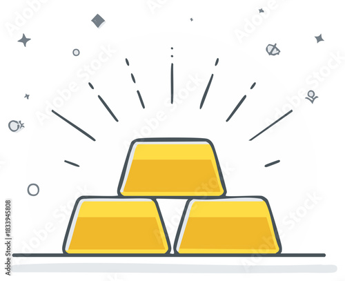 Stack of shiny gold bars radiating light, symbolizing wealth and success, doodle style