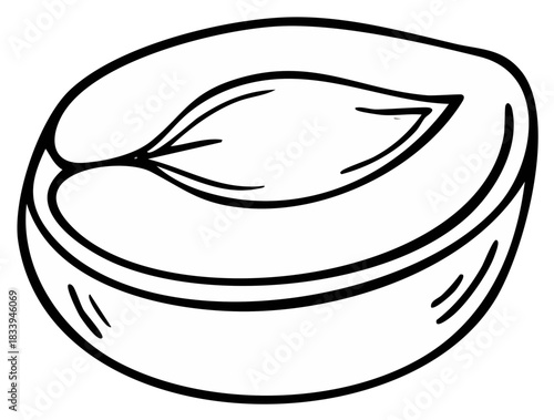 Minimalist black line art illustration of a halved stone fruit showing its central seed or pit