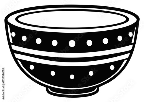 Abstract black bowl with white dots and lines, minimalistic modern pottery or porcelain design, vintage ceramic serving tableware bowl illustration