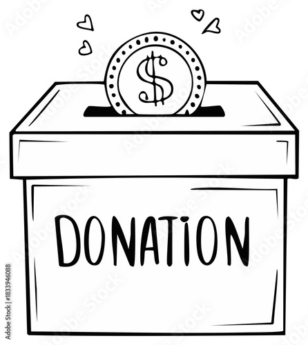 Donation Box with Coin and Hearts Graphic Symbolizes Charity and Generosity Doodle Sketch