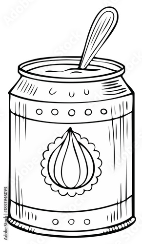 Black and white illustration of canned food with spoon inside, decorative design