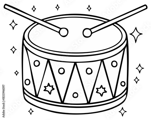 Monochrome Drum Illustration with Stars and Geometric Patterns for Coloring Books