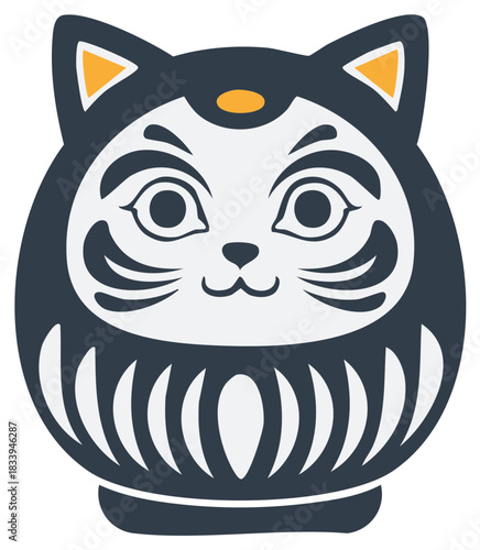 Stylized Daruma Cat Ornament in Navy and White for Good Fortune and Luck