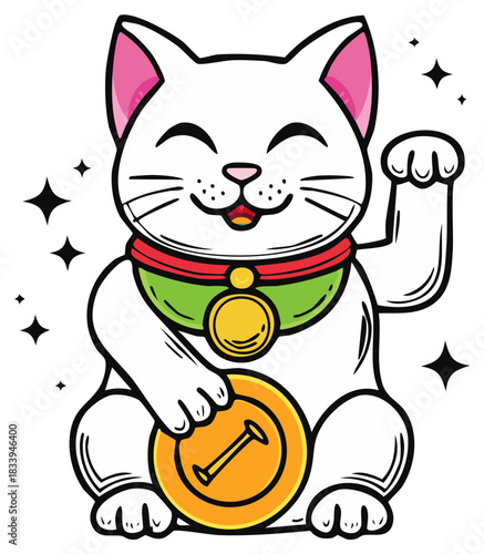 Lucky Maneki Neko Cat with Coin and Collar in Cartoon Illustration
