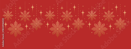 Christmas red background with gold snowflakes and stars. Xmas design for winter holidays, ads, sale. Vector illustration