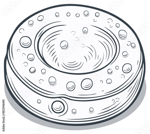 Abstract monochrome circular object illustration with textured surface and crater like bubbles