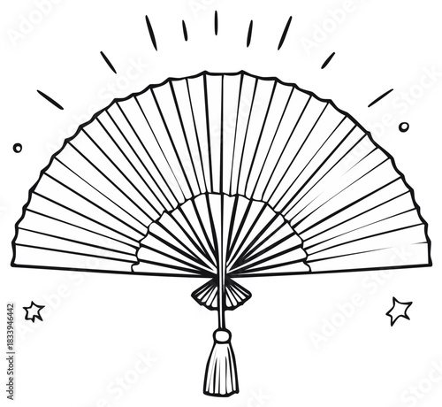Open hand fan with decorative tassel and radiating lines, simple outline drawing