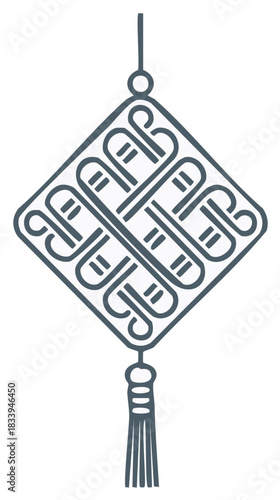 Intricate Chinese knot ornament with a decorative tassel. A traditional Asian symbol for good luck and prosperity.