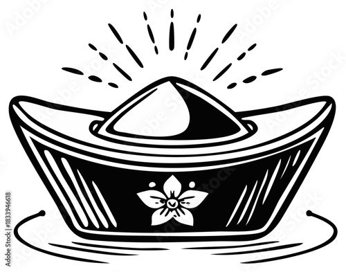 Traditional Chinese Yuanbao gold ingot illustration, a symbol of wealth and prosperity for Lunar New Year.