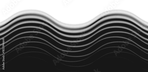 Wavy halftone lines forming abstract flow pattern, metallic rope forms and abstract industrial curves.
