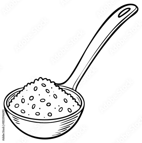 Black and white line art cartoon illustration of a spoon full of rice or sugar grains