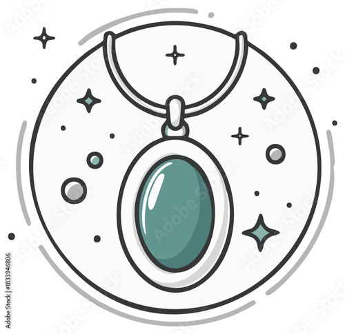 Cartoon Illustration of a Necklace with Gemstone Inside a Circle Shape