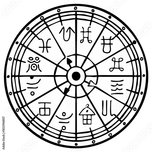 Mystical Wheel of Fortune Symbol with Arrows and Zodiac Signs, Vector Illustration