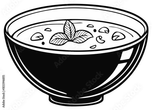 Black and white line art illustration of a bowl of soup with a fresh herb garnish