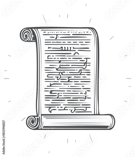 Classic hand drawn paper scroll with mysterious ancient writing historical knowledge illustration