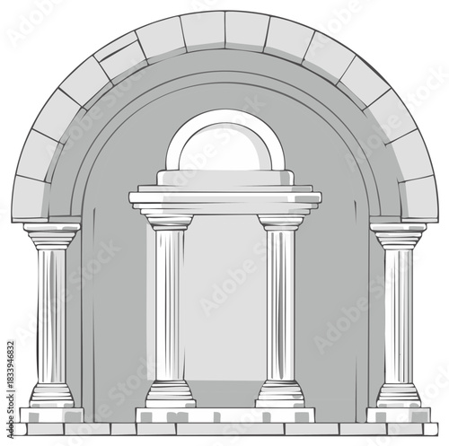 Stylized classical architecture illustration with grand stone arch four decorative pillars and central monument