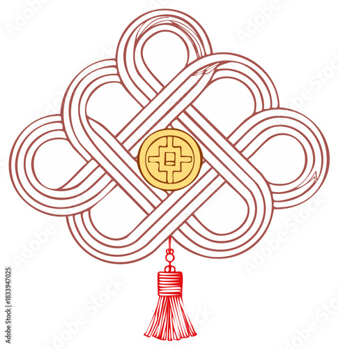 Cultural auspicious mystic knot golden fortune coin red tassel traditional design
