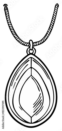 Hand drawn sketch of an elegant teardrop pendant necklace in a simple black and white line art style