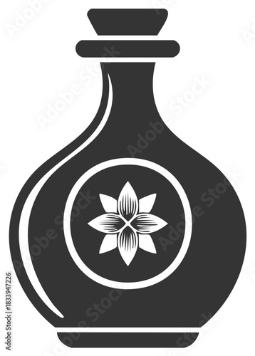 Elegant dark bottle with decorative floral emblem and cork stopper