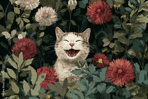 Digital art of happy cat with red and white flowers over park, Illustration animal poster