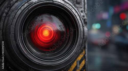 Close-up of a glowing red futuristic camera lens or robotic eye in a dark cyberpunk city background with neon lights.