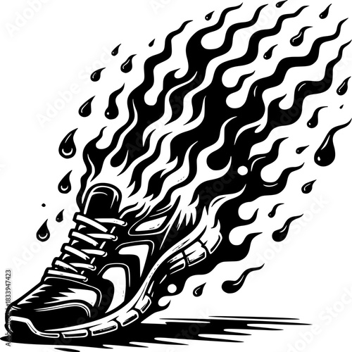 Burning Run: A dynamic illustration captures the essence of speed and movement, depicting a sleek running shoe enveloped in stylized flames, evoking the thrill and power of motion.