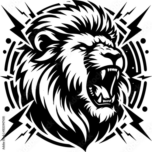 Lion's Roar Illustration: A bold, monochromatic illustration captures the raw power and untamed spirit of a lion's roar, framed by dynamic graphic elements that accentuate its fierce energy.