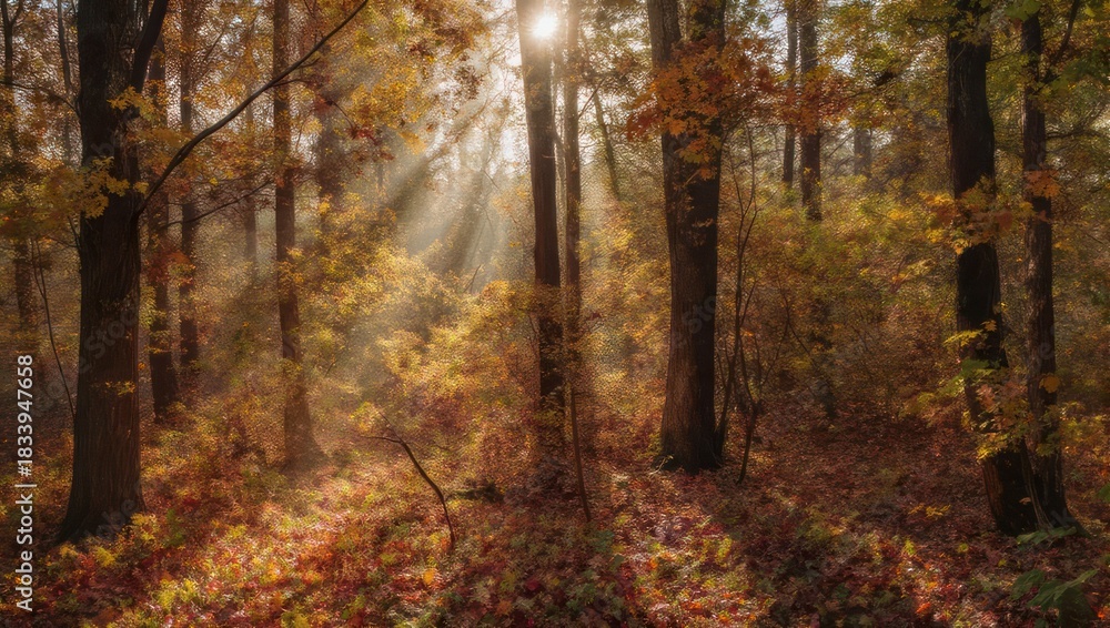 Obraz premium Sunlight filtering through autumn trees in a vibrant forest landscape.